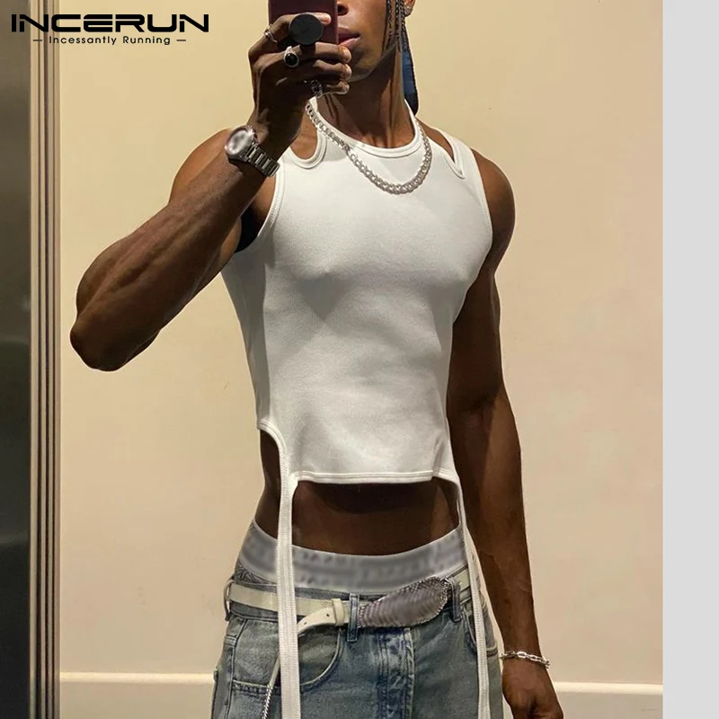 

2022 Men Tank Tops Solid Color Sleeveless Hollow Out Casual Vests Streetwear Sexy Fashion Irregular Waistcoats Men 5XL INCERUN 7