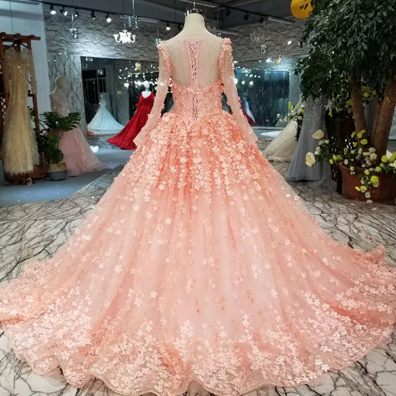 Розовые платья для девочек LSS197 с длинным тюлевым рукавом и круглым вырезом в пол