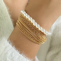 multi layer gold curb cuban chain bracelets set boho thick punk charm bracelets bangles for women pearls bracelets jewelry