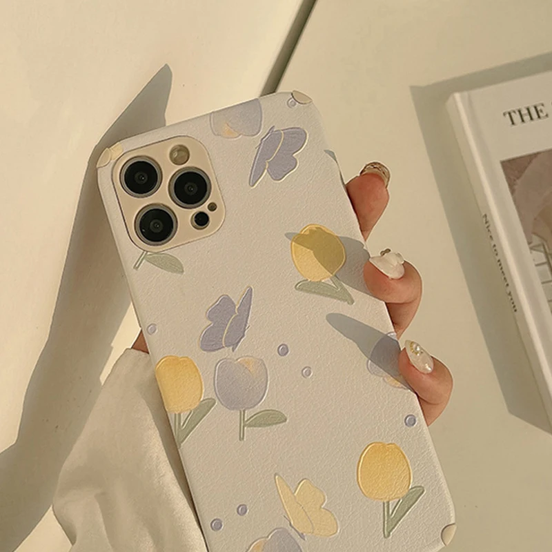 

Leather Flower Phone Case for Iphone 7 8 Plus XR XS Max X 11 12 Mini Pro Max Floral Cute Back Cover Conque Funda Cases