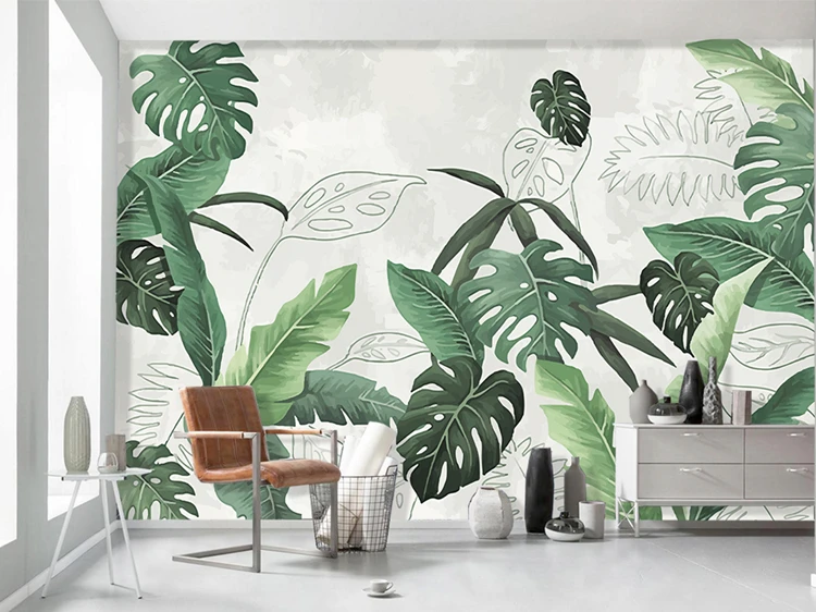 Простые фотообои 3D на заказ зеленый лес с листьями тропического леса фоновая