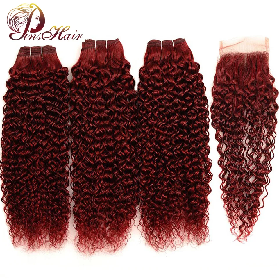 Перуанские человеческие пряди для наращивания с закрытием Pinshair 99J кудрявые