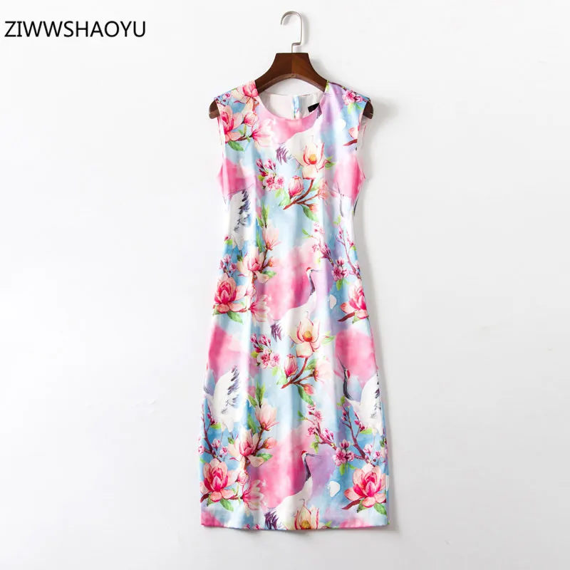 

ZIWWSHAOYU летнее элегантное женское платье до колена с круглым вырезом без рукавов приталенное с высокой талией цветочным принтом женские вече...