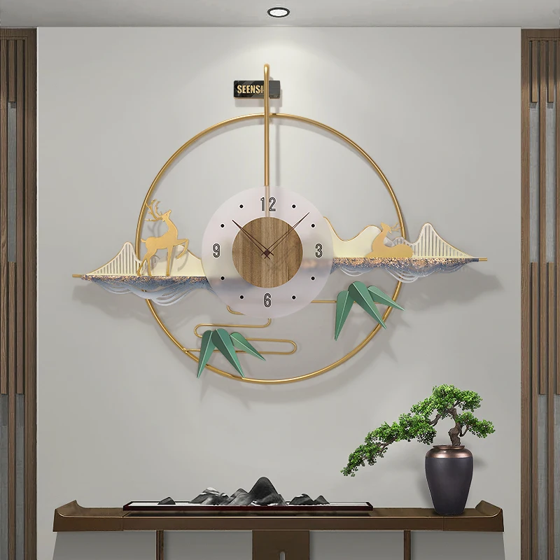 

Nordic Luxury Wrought Iron Landscape Deer Leaf Wall Clocks Home room Wall Hanging Decoration Restaurant Lobby Wall Mural Crafts