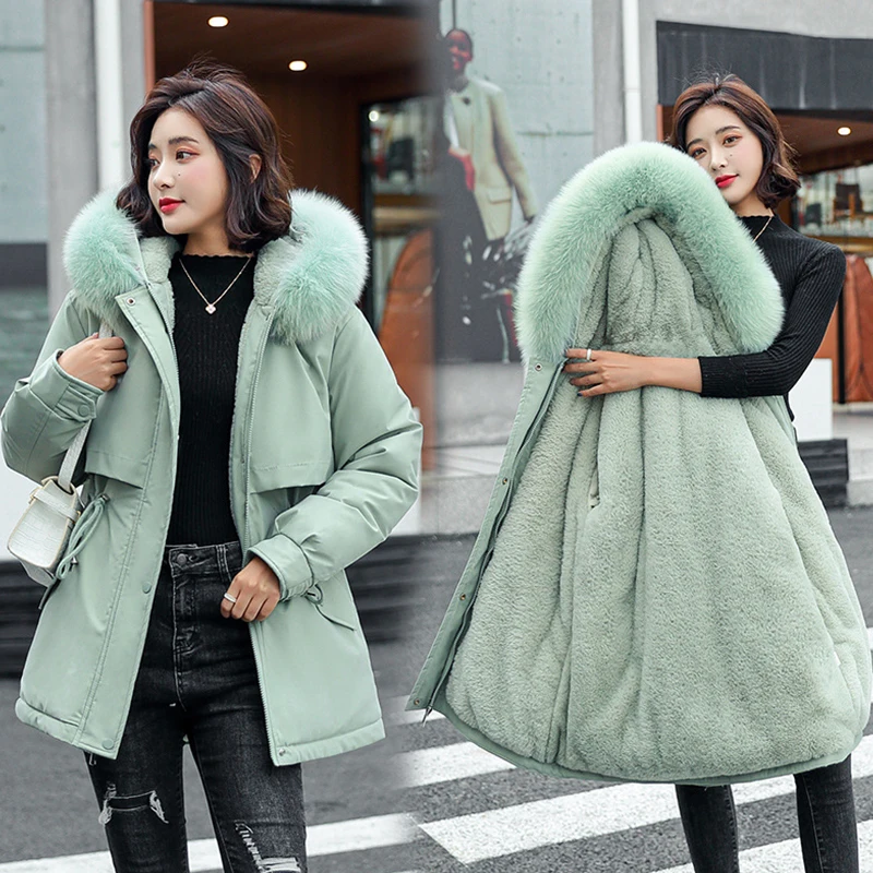 Winter 2022 Women's Coats New Big Fur Collar Mid-Length Female Korean Fashion Slim Plush Inner Parker Cotton Jacket