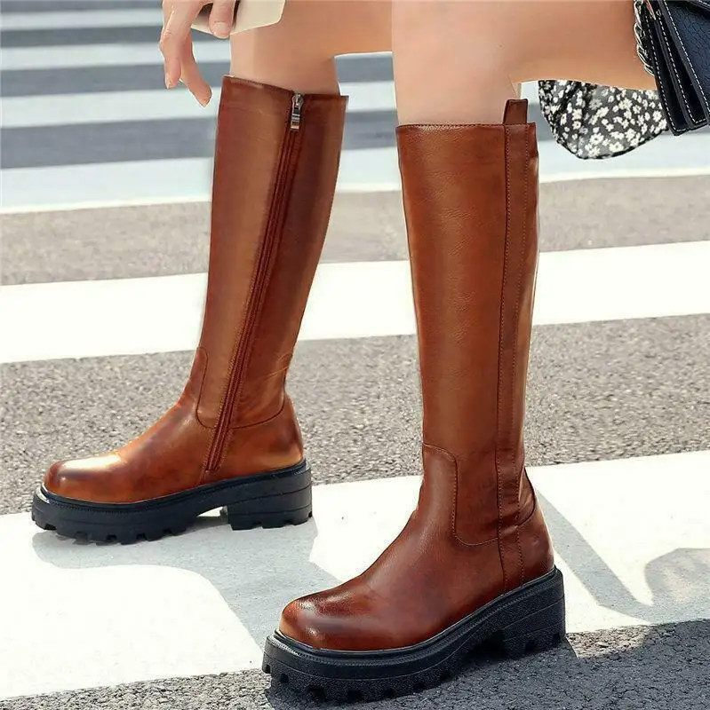 

Женские сапоги до колена на платформе, с круглым носком, на молнии сбоку, Военная обувь 34-43