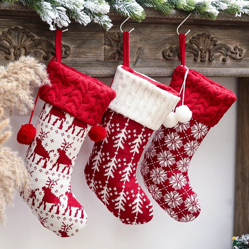 

Knitted Christmas Socks Candy Gift Bags Christmas Tree Ornaments Home Decor Drawstring Bags 40cm X 22cm