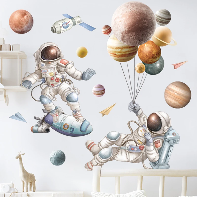 

3d spaceman with planet wall sticker for baby cartoon kids room outspace wall art stickers living room wall picture
