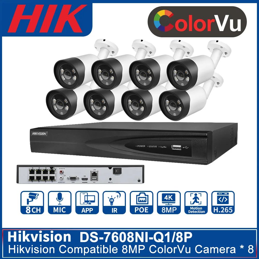 Hikvision совместимые наборы DS 7608NI Q1/8P 8POE NVR и 8MP цветная IP камера Bullet POE 30M IR Встроенный