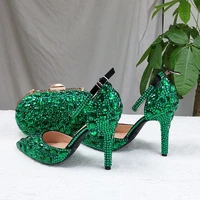 baoyafang 2022 new arrive green crystal wedding shoes woman thin heel pointed toe bridal party dress shoe big size high pumps