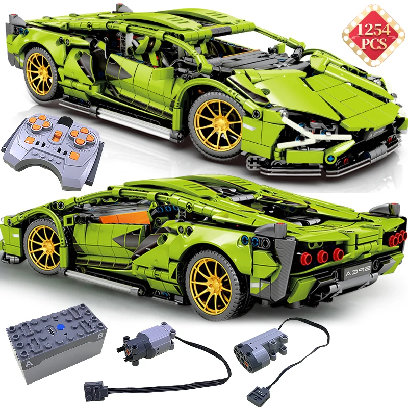 

Технические гоночные строительные блоки MOC Имитация Зеленый супер спорт RC подходит для legoINGlys Technic модель автомобиля Кирпичи Детские игрушк...