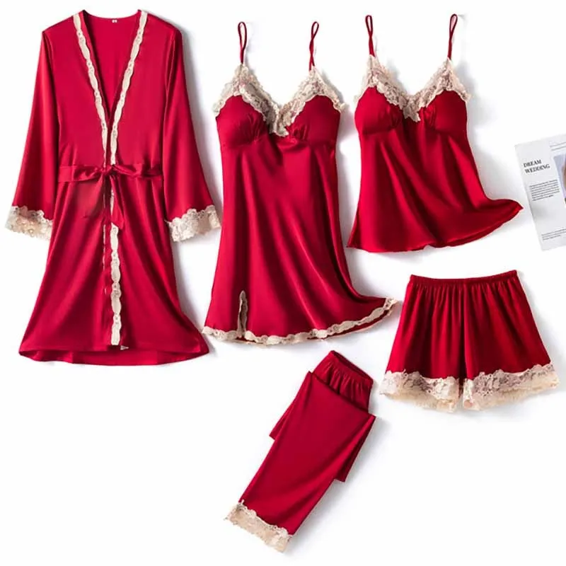 

Robe Lounge Wear Women Pajamas Set Lace Sleepwear Kimono Gown Sexy Bathrobe Faux Silk Casual Intimate Lingerie 5PCS Suit