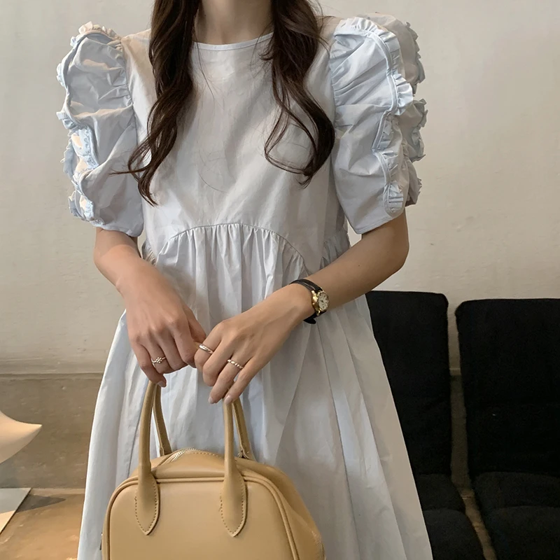 

HziriP 2021 New Summer French Gentle Elegant Lady Folds Puff Sleeve Fashion All-Match Casual Loose Waist Mid-Length Dress