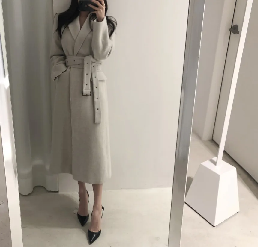 Hebaoli new fashion korean chic vintage style elegant lace up waistband slim long winter windbreaker woolen coat western women