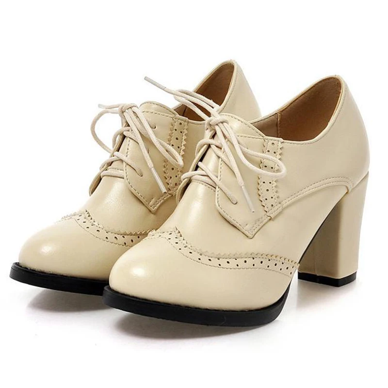 beige COVOYYAR/; винтажные женские туфли-лодочки на шнуровке; Туфли-оксфорды с вырезами; женские ботильоны из лакированной кожи на высоком каблуке-столбике; WHH132 - Цвет: beige