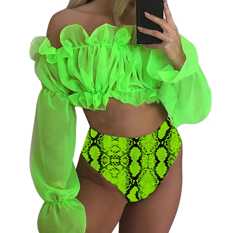 Зеленый Sexy Green bikini set Swimwear Women Mesh long sleeve swimsuit female High waist bikini Snake printed Bathing suit Mujer - Цвет: Зеленый