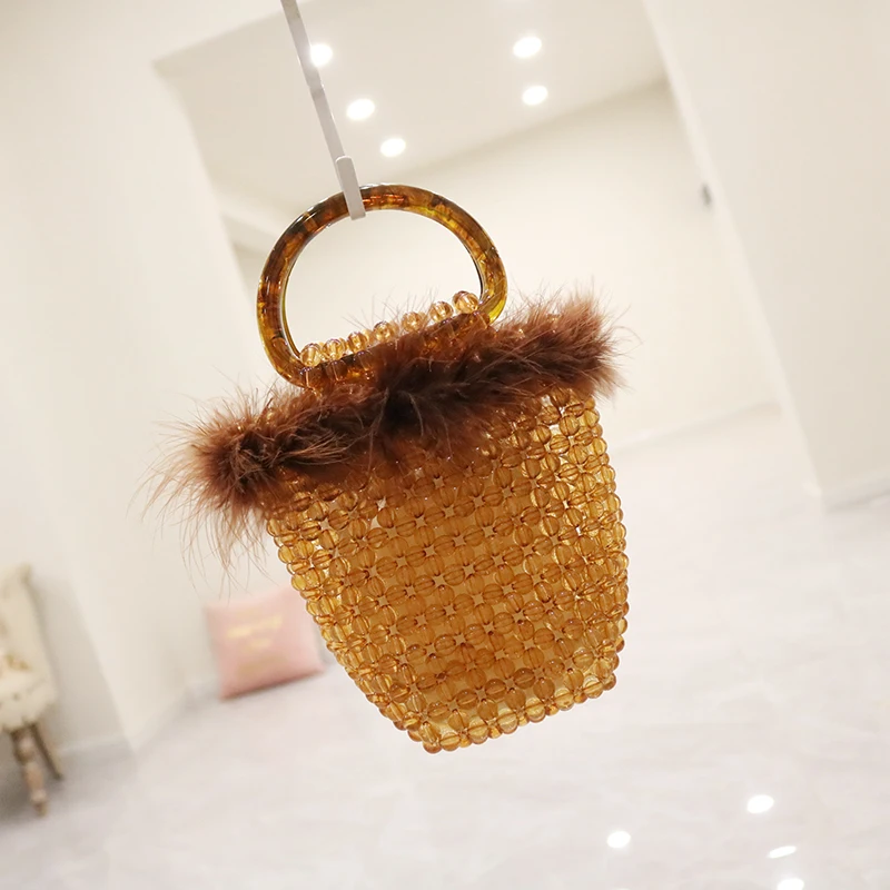 Brand Designer Ostrich Fur Handbags Handmade Beaded Pearl Bag Woven Mini Female Mobile Phone New Evening clutch bag | Багаж и сумки