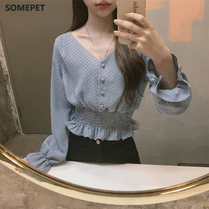 

Vintage V-neck Flare Sleeve Polka Dot Women Blouse Shirts Elegant Front Buttons Slim Waist Ruffles Female Blouse blusas