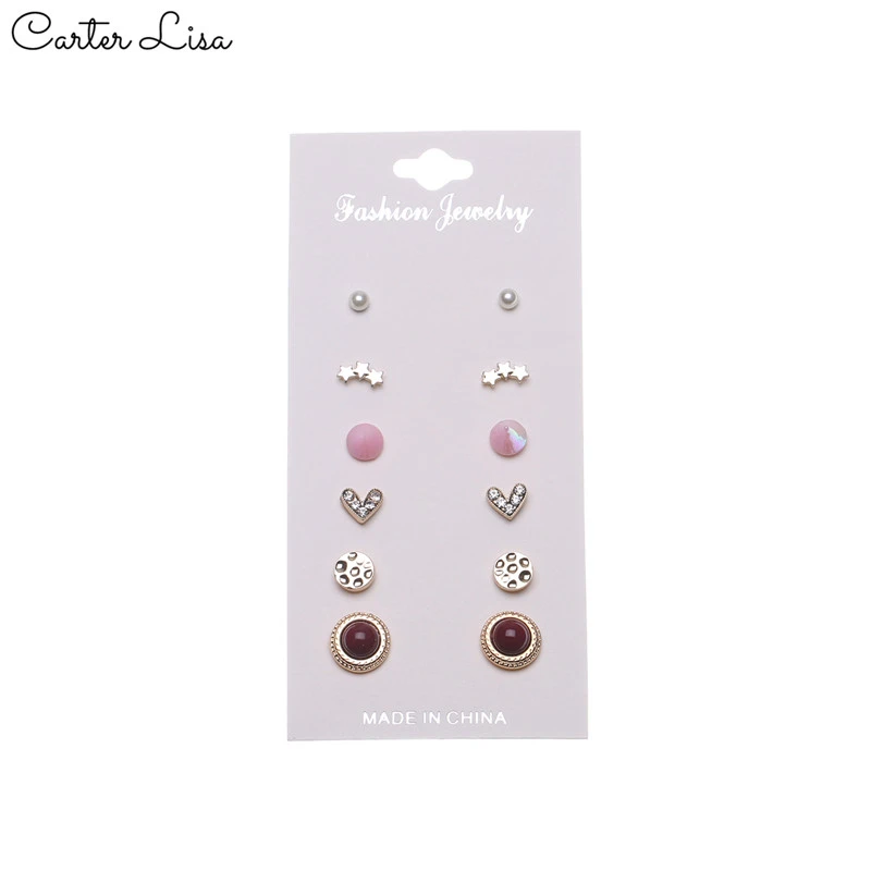 CARTER LISA 12 pcs/set Star Vintage Stud Earrings Set Rhinestone Imitation Pearl For Women Gift Jewelry SEEA-S-35001 | Украшения и