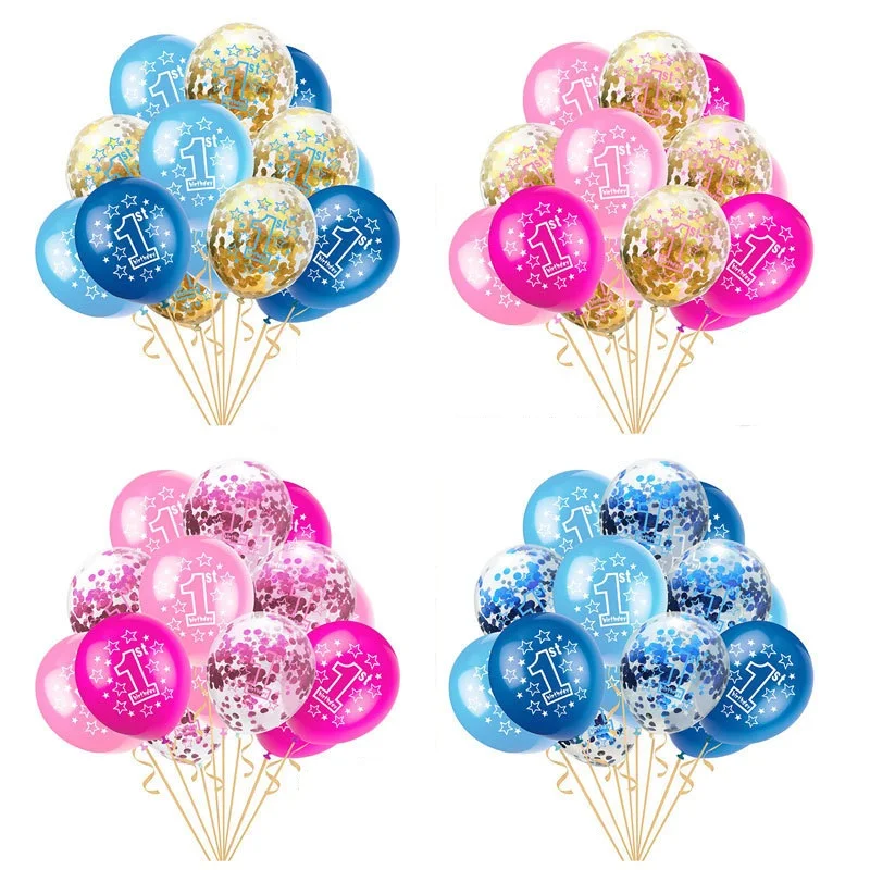 

15pcs 12inch 1st birthday balloon with ribbon pink blue number letter print latex ballon kids 1 year birthday party decoration