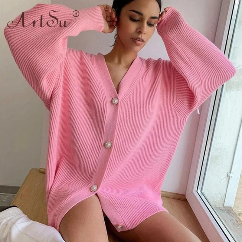 

ArtSu Casual V-Neck Long Knitted Cardigans Female Autumn Winter Loose Lantern Sleeve Sweater Cardigan Basic Knitwear Pink White