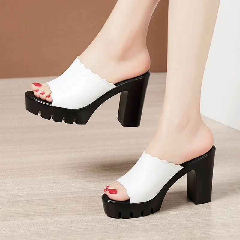

10cm High Heel Slippers Women 2021 Summer Fashion Outside Footwear Cool Platform Sandals Open Toe Ladies White Shoes