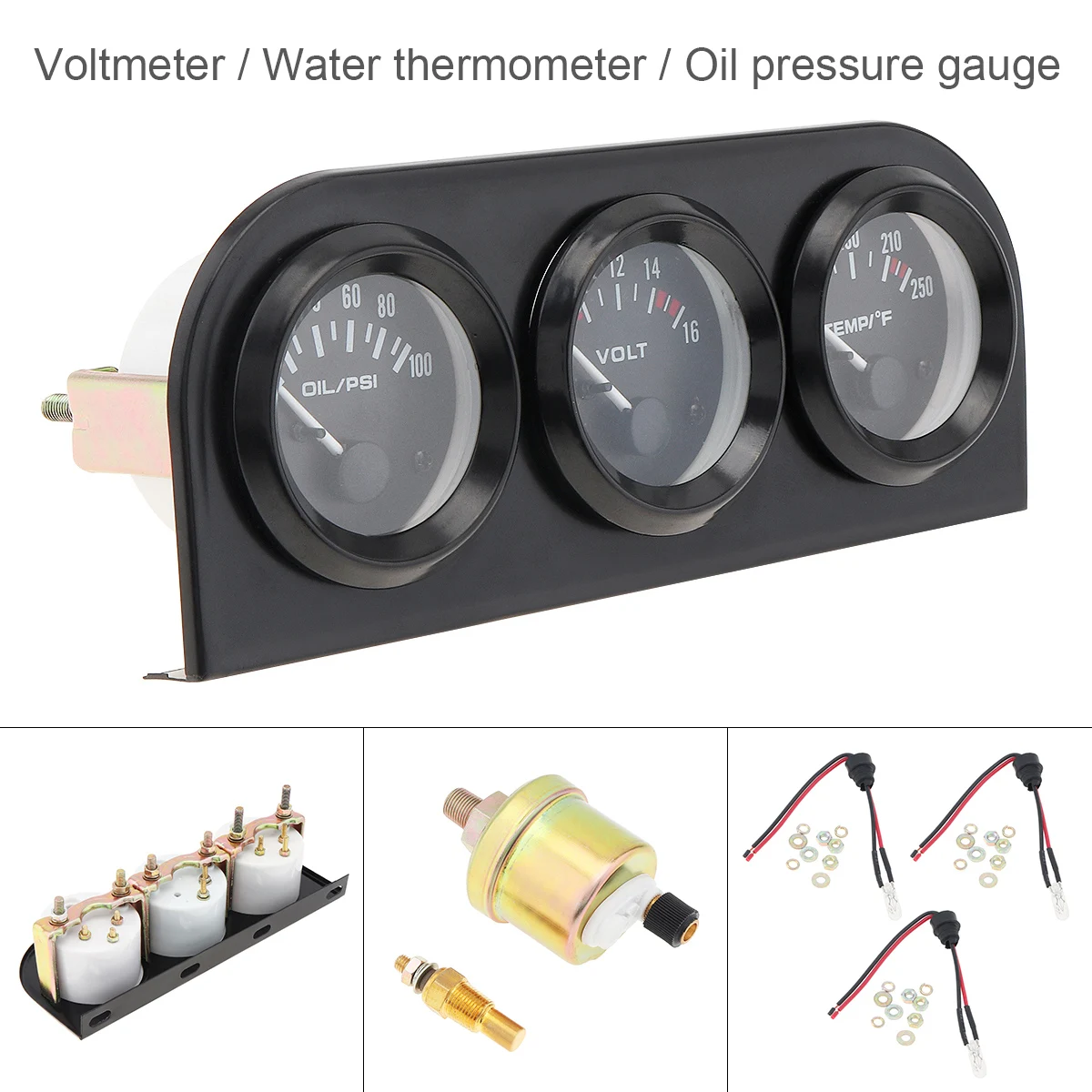

52mm 2 Inch 3 in 1 Triple Gauge Kit Water Temp Oil Pressure Volt Gauge Meter with Sensor