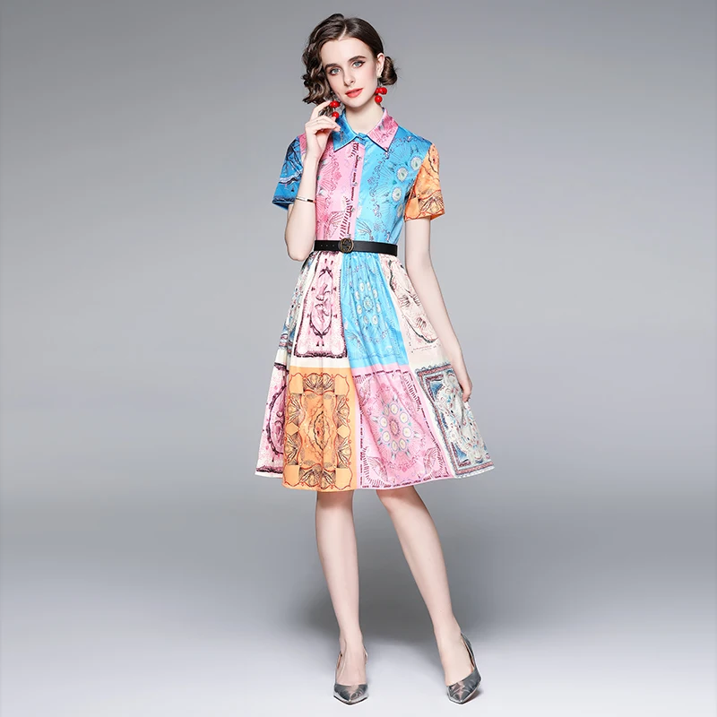 

2022 Summer Women's Dress French Commuter Lapel Print Pleated Short-sleeved Dress New Waist Female Slim Dresses X372