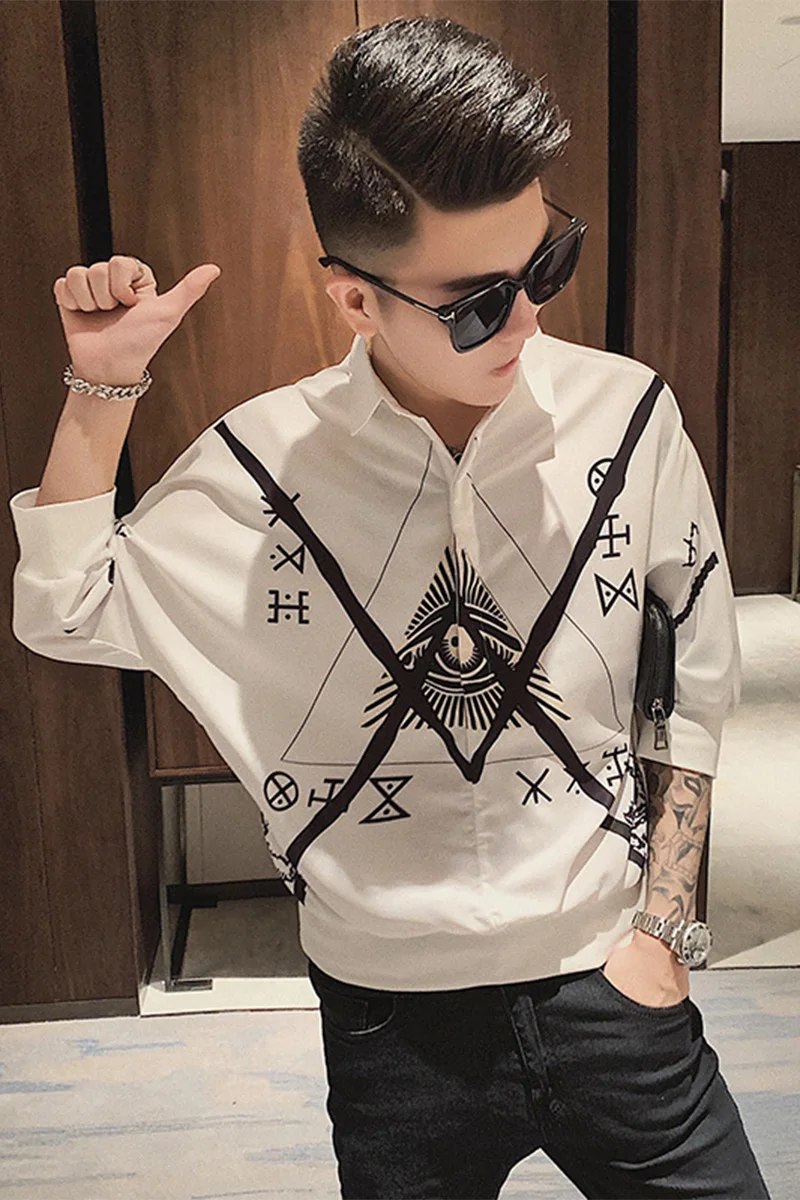 

2021 Fashion Printed Shirts Men Streetwear Loose Pullover Shirt Hip Hop Harajuku Tops Social Party Nightclub Male Clothing Black