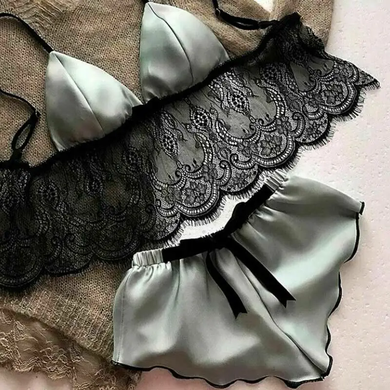 4 Colors Women Lace Floral Two Piece Sexy Underwear Set Ladies Summer Satin Silk Bra Bustier Babydoll Nightwear Suit |