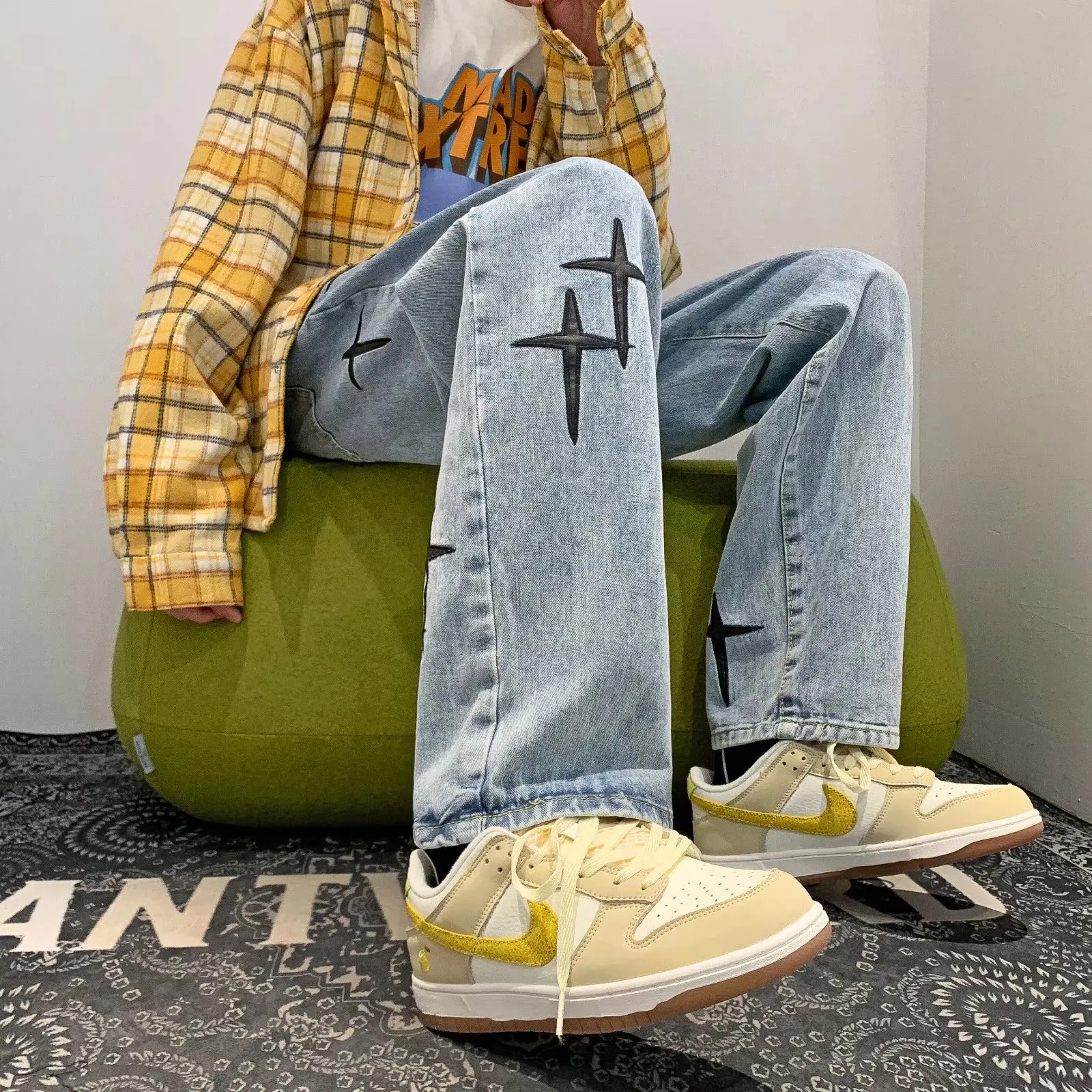 ICCLEK High Street Washed Jeans Men's Jeans Embroidered Jeans Straight Casual Pants Men Jeans  Skinny Jeans  Straight Leg Jeans