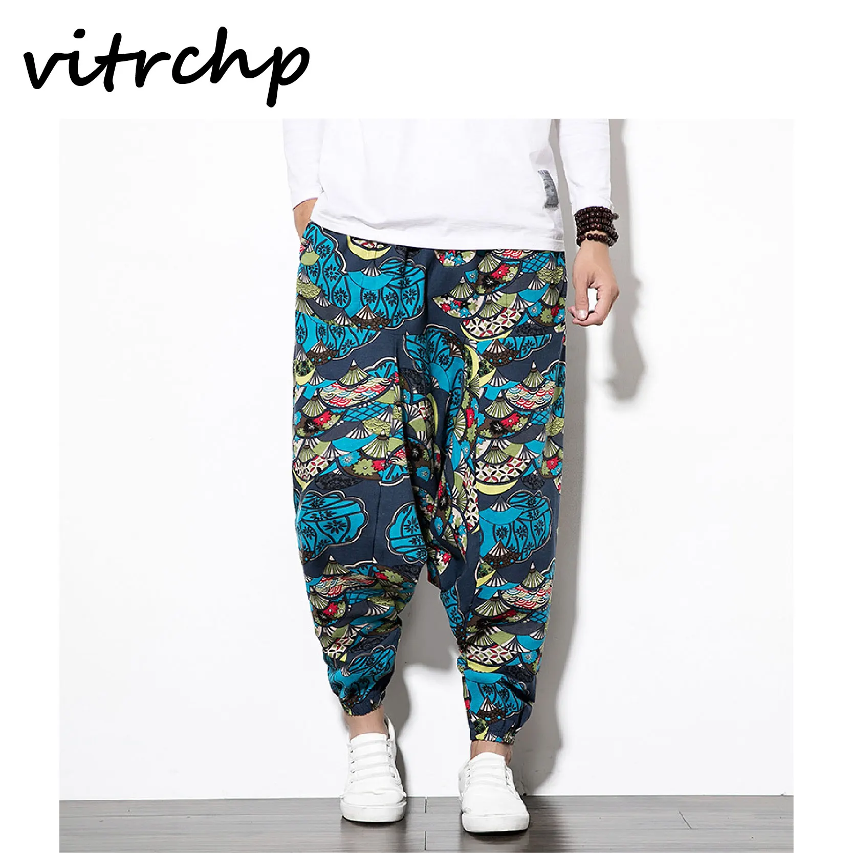 

2021 VITRCHP New Men's Fashion Trend Spring Cotton Linen Harlan Lantern Casual Printed Hip Hop Pants