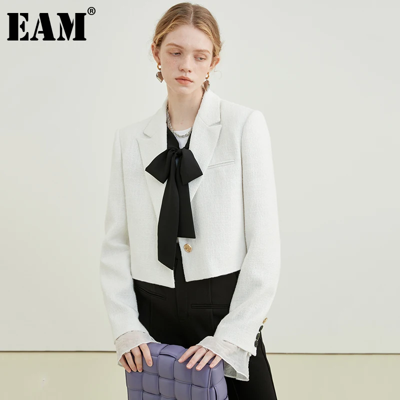 

[EAM] Loose Fit White Bow Tweed Short Elegant Woolen Coat Parkas New Long Sleeve Women Fashion Tide Autumn Winter 2021 1DE2879