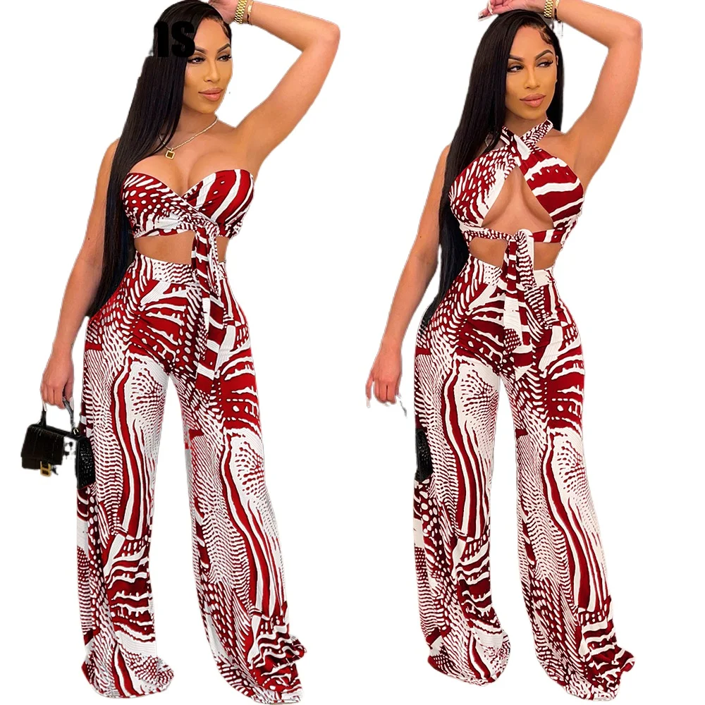 

Комплект из двух предметов с принтом, Модный летний пикантный Женский комплект со шнуровкой, укороченный топ и широкие брюки, комплект пляж...