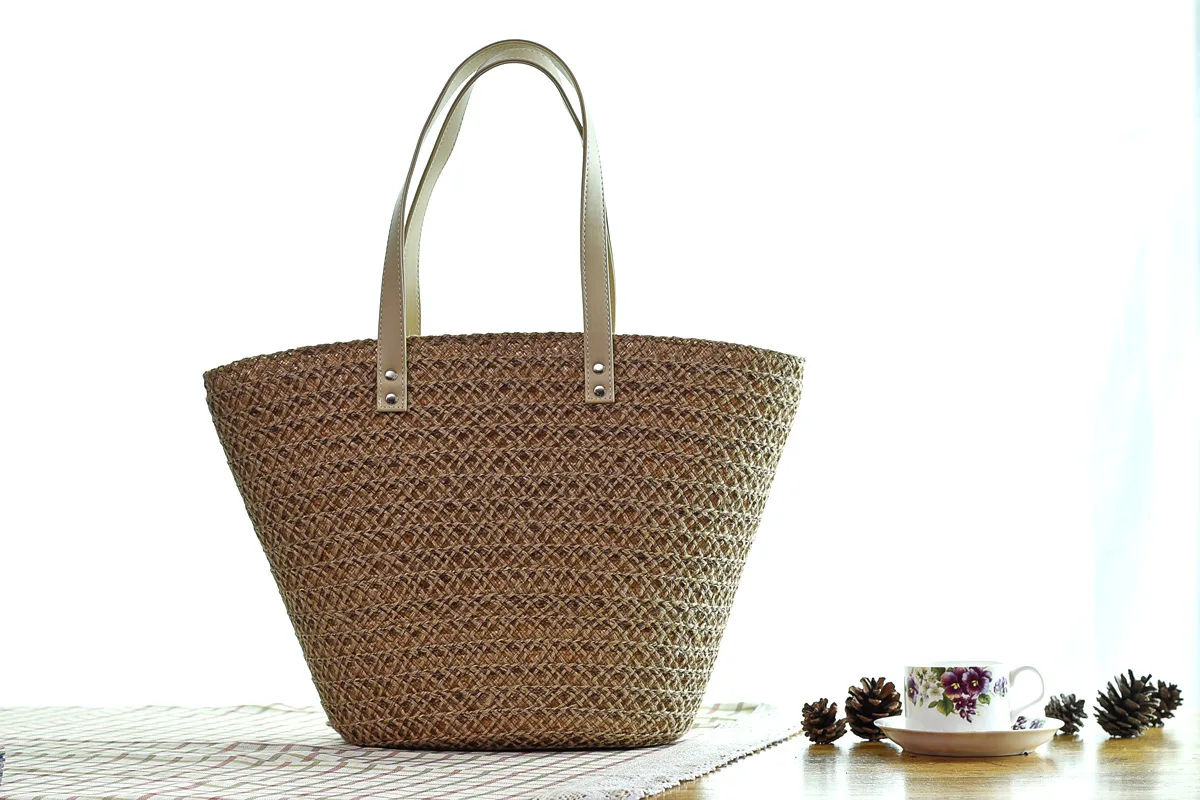 

New Style Hand-woven Handbags Straw Woven Rattan Silk Scarf Beach Bag