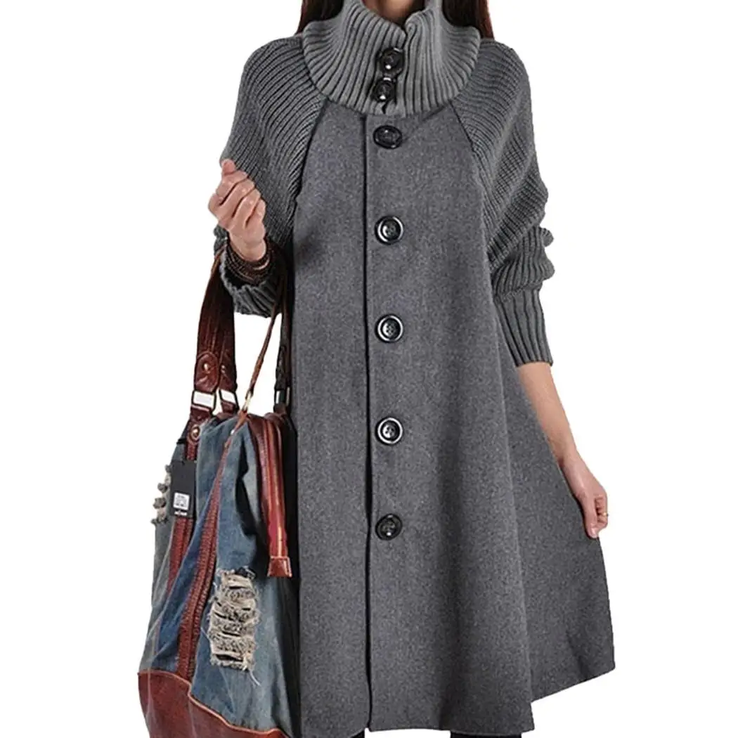 

Women Casual Stand Collar Lantern Sleeve Button Patchwork Long Dress Casual, Street, Outdoor, etc Coat Winter