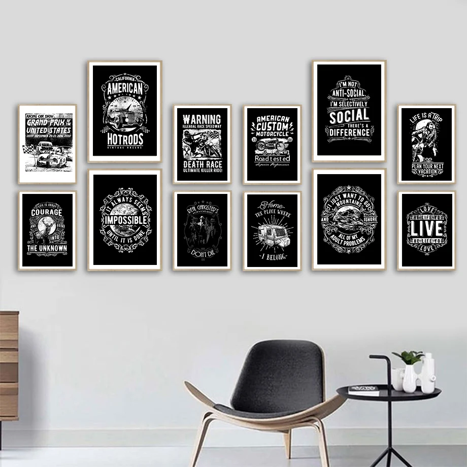 

Black White Car Racing Motorcycle Deer Wall Art Canvas Painting Nordic Posters And Prints Wall Pictures For Living Room Decor