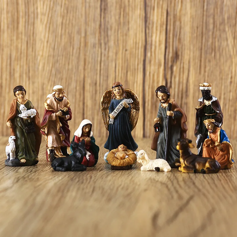 11Pcs/set Christmas Manger Combination Nativity Religious Sculpture Decoration Resin Crafts Small Ornaments