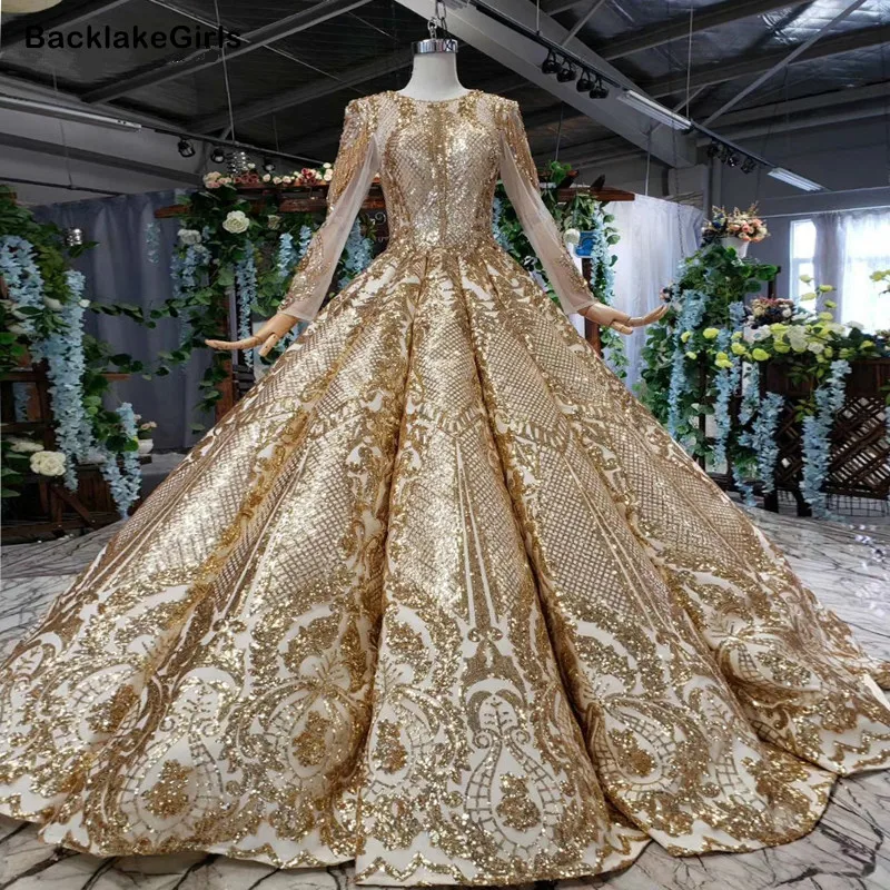 Роскошное Золотое свадебное платье в винтажном стиле длиной до пола с длинным