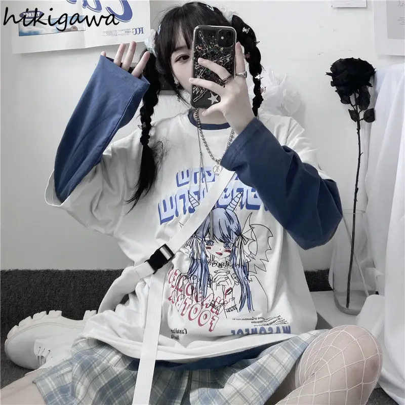 

Женская блузка Hikigawa, весенние топы контрастных цветов в стиле пэчворк из двух частей, свободные топы в японском стиле Харадзюку с длинными р...