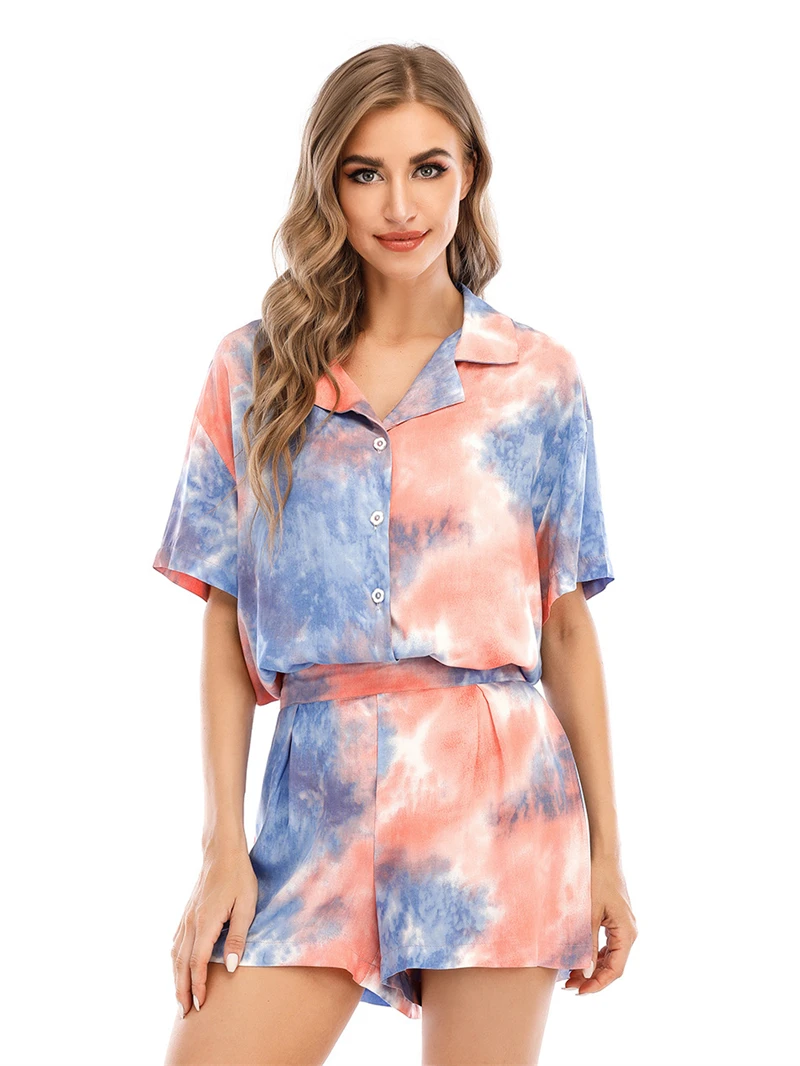 

2021 Summer Simple Tie Dye Rayon Short Sleeved Shorts Womens Pajamas Ladies Casual Shirt 2Psc Sleepwear Suit Home Pijama Clothes