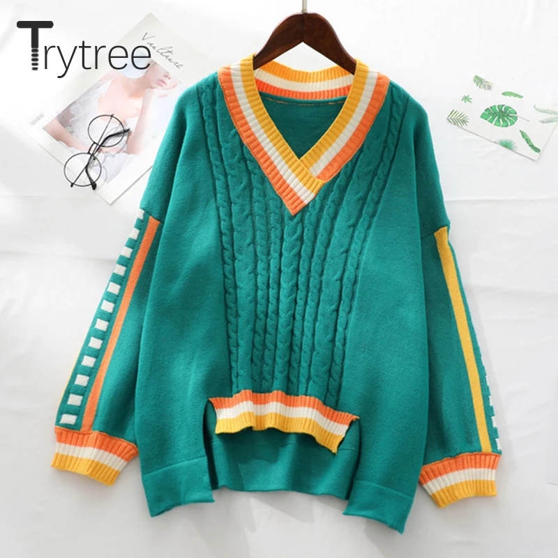 Зимний женский Повседневный свитер Trytree вязаный с V-образным вырезом пуловеры в