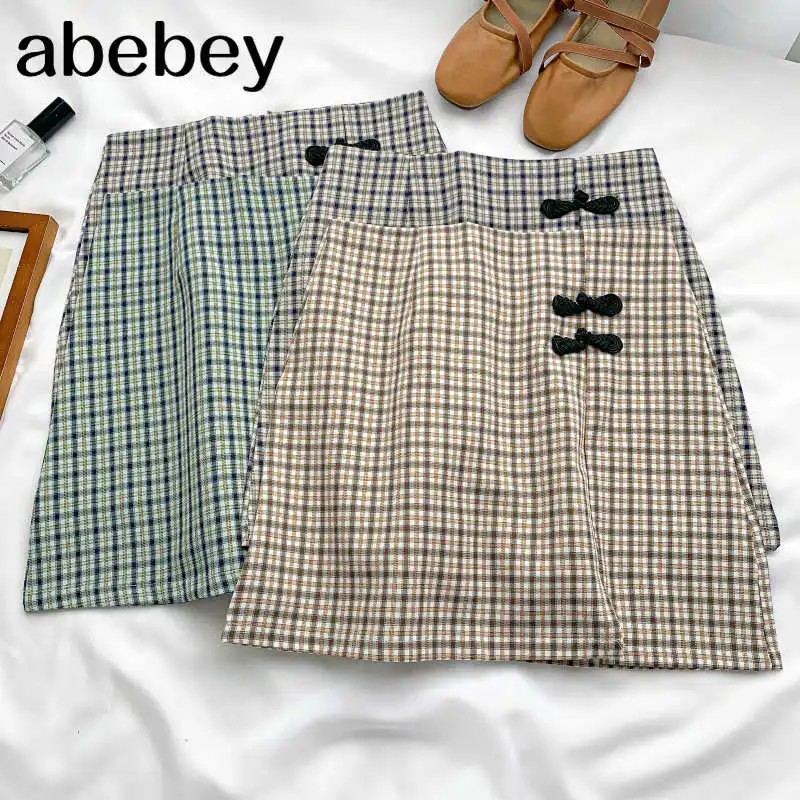 

Женская клетчатая юбка, универсальная облегающая короткая юбка трапециевидной формы на пуговицах, с высокой талией, в стиле ретро, весна-ле...