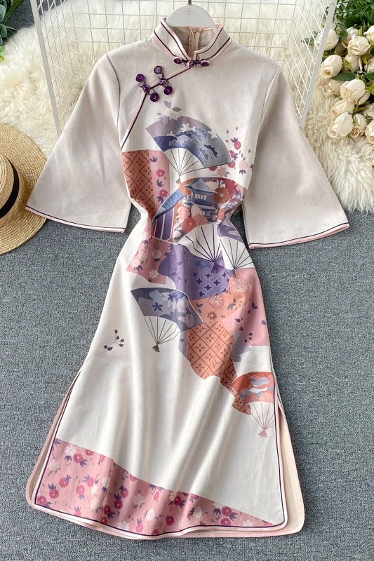 

women clothes 2020 spring summer vintage chinese style dresses Cheongsam elegant sweet half Flare Sleeve print A-Line dress