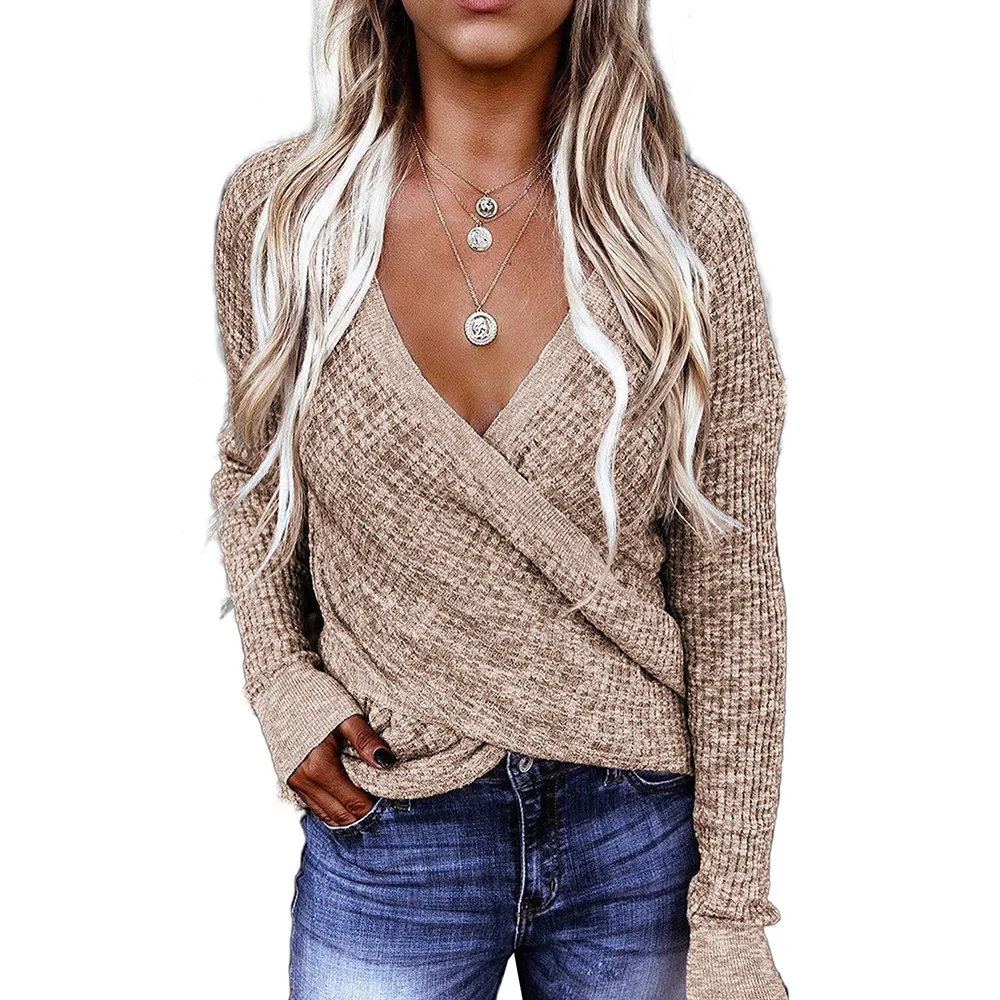 

New Arrival Fashion Women's Solid Color Cross-Type Deep V-Neck Long-Sleeved Casual Knit Sweater