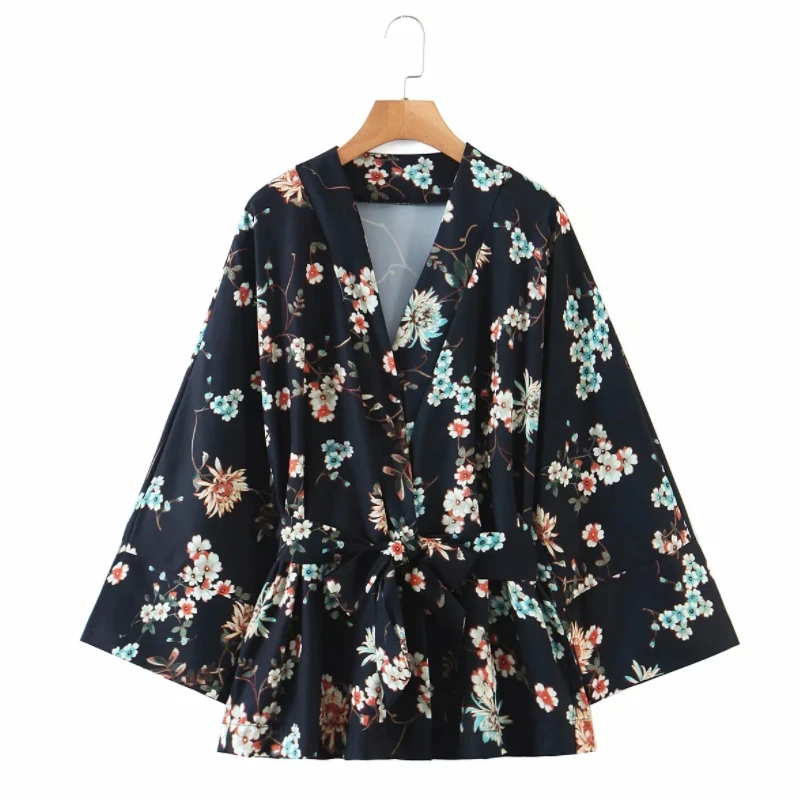 

Spring Women Flower Printing Sashes Kimono Shirt Female Nine Quarter Sleeve Blouse Casual Lady Loose Tops Blusas S8656