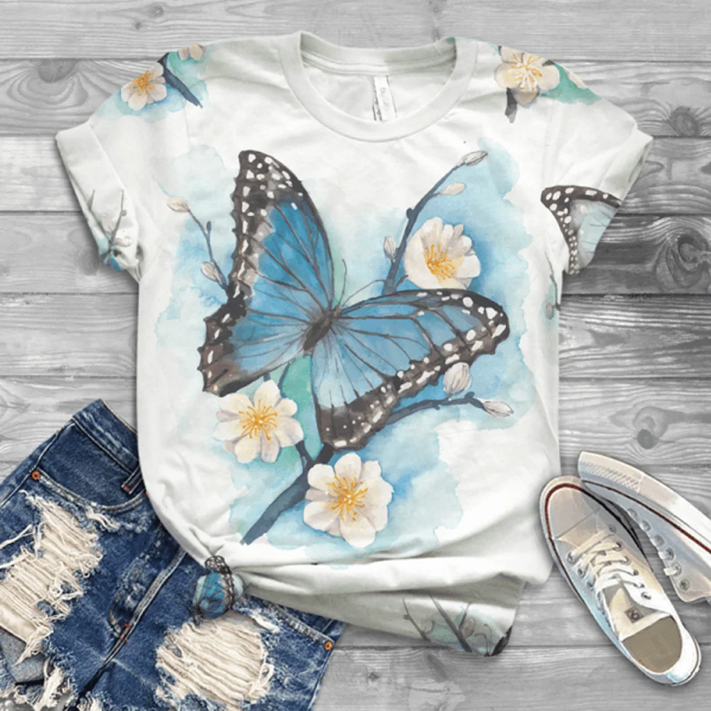 

Lady Cartoon Butterfly Floral Women Elegant Shirt Clothes Tshirt Tee Womens Tops Female 3d Print Short sleeve Graphic T-shirt