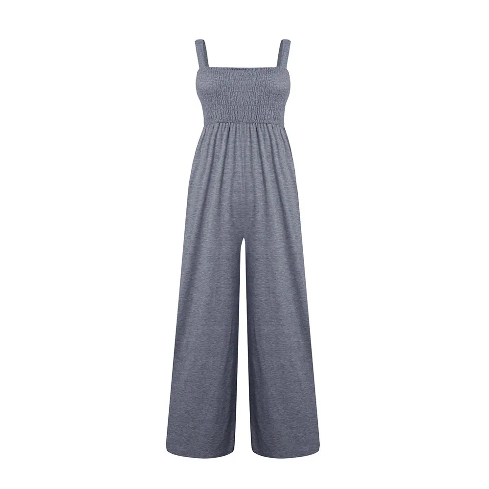 

Women Solid Loose Beach Jumpsuits Rompers Boho Black Spaghetti Strap Top Wide Leg Pants Female Summer 2020 Playsuits Ladies