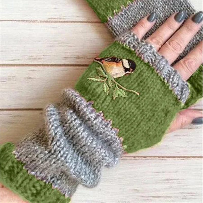 

Embroidery Birds Gloves Cotton Fingerless Glove for Women Knitted Block Splice Mittens Womens Girls Gloves Without Fingers