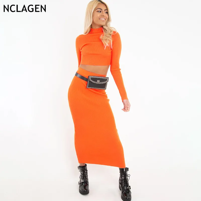 NCLAGEN осень 2019 Женский вязаный комплект с юбкой длинный рукав пупка Обрезанные